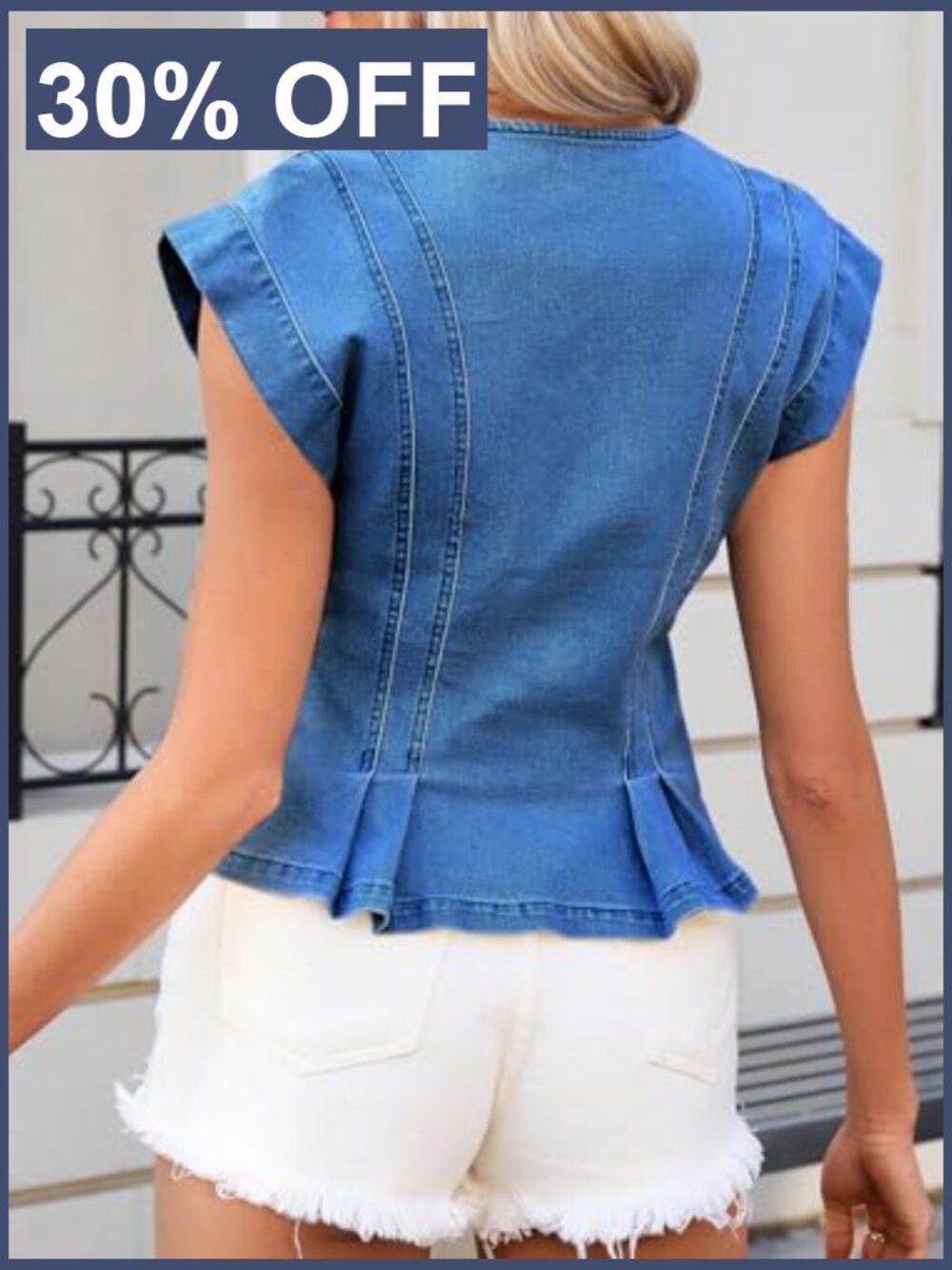V Neck Denim Vest Top, Sleeveless Jean Vest, Pleated Hem, Casual Y2K Fitted - Picture 5 of 7